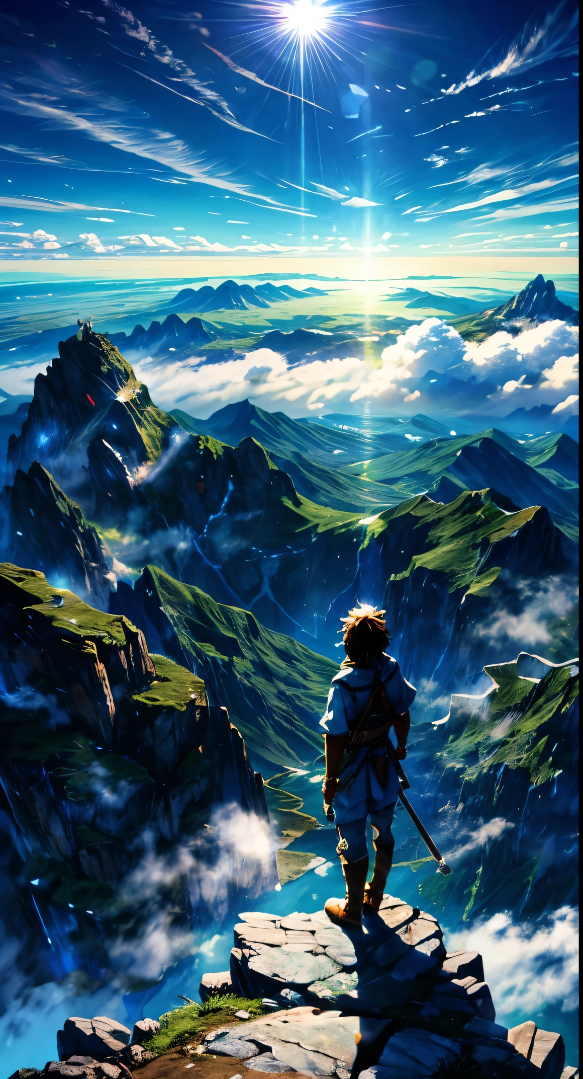 A lone warrior standing atop a mountain peak, gazing out at a vast ocean of clouds(bright blue shinning sky)(greenish view)