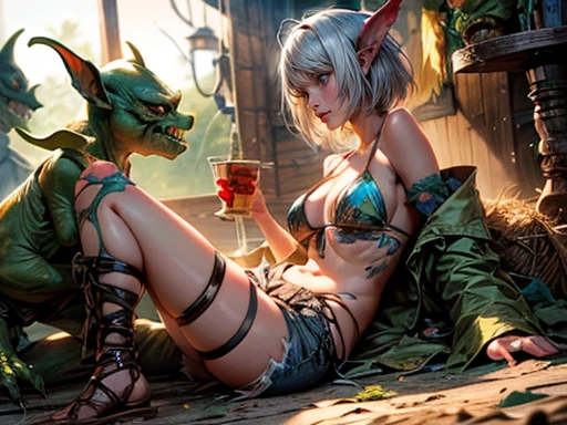 fantasy anime slutty girl 20 years old with short hair defeated by goblins in an ambush (spread your legs, consequences)bad end(goblin penetration into girl, inserts into the girl between her legs) (torn clothes, torn clothes) (short shorts, bikini, thigh high, open shoulders,) (goblin between spread legs) is, side profile, agility is happy