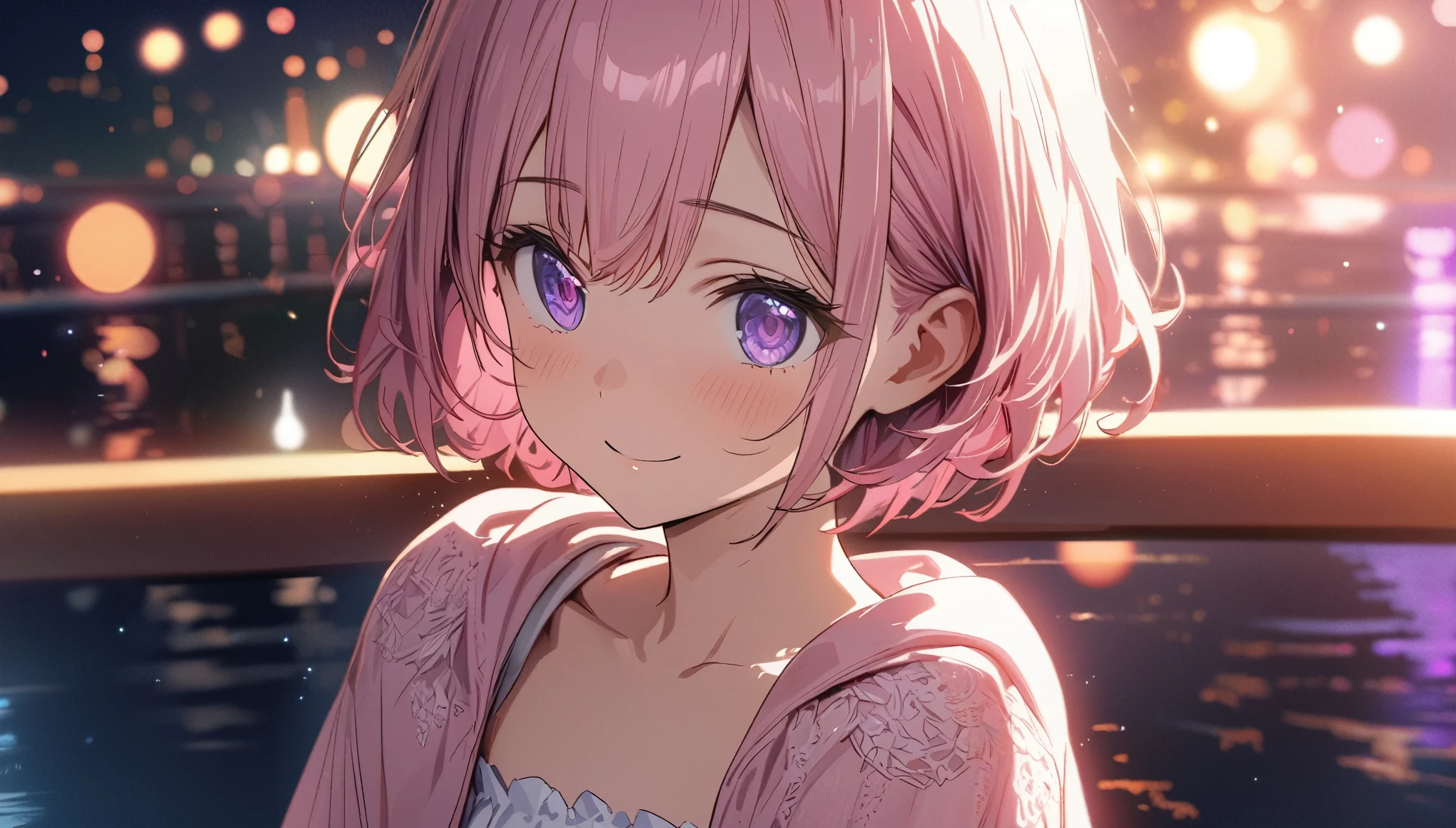 one girl, short pink hair and bob hair.、beautiful purple eyes、smile、gentle smile on her face、flat chest, one Beautiful girl,((masterpiece, illustration, best quality) ((ultra-detailed))\scene of a Beautiful 1girl, solo, gentle smile on her face flat chest, short hair, pink hair, purple eyes, (detailed eyes), standing on a bridge at night', wearing a pink dress covering the shoulders, a young adult woman, 濃い青とBeautiful Blueのグラデーション, High resolution, 8K HD detail, hyper-detail, cinematic, surrealism, soft light, deep field focus bokeh, ray tracing and surrealism. --v6