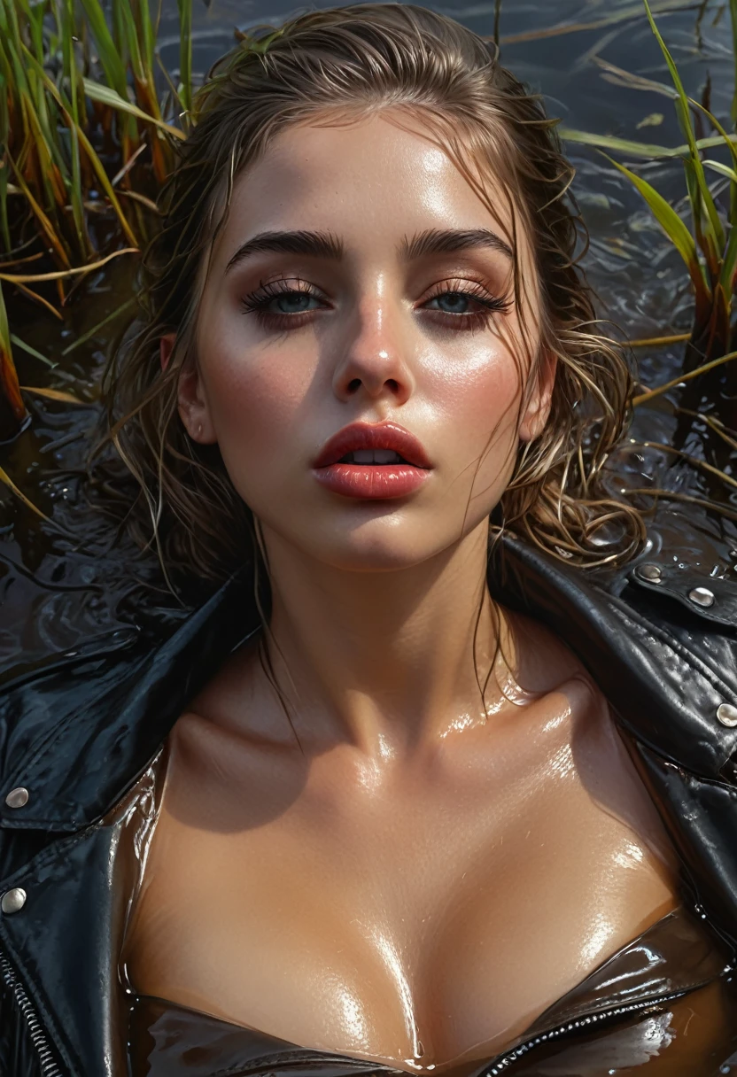 (Best Quality,4k,8k,high resolution,masterpiece:1.2),ultra detailed,(realist,photorealist,photo-realist:1.37),Portraits,detailed eyes,detailed lips,long eyelashes,beautiful girl,drowning in a swamp,closed eyes,swamp water,chest,floating,illustration,Cowboys,leather jacket,sexy expression,Mysterious atmosphere,dark shades,Subtle lighting,vivid colors