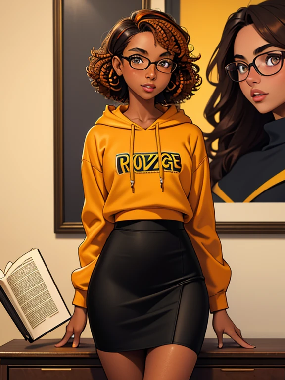 (masterpiece,best quality,absurdres,beautiful,aesthetic,detailed), (Detailed face:1.2), (Detailed eyes:1.2), 1girl, solo, 20 year old college student, ((slim, petite)) , she has tan-bronze skin with some freckles, short curly black hair with orange highlights, amber colored eyes, (Wearing: reading glasses, yellow hoodie, black pencil skirt), college background