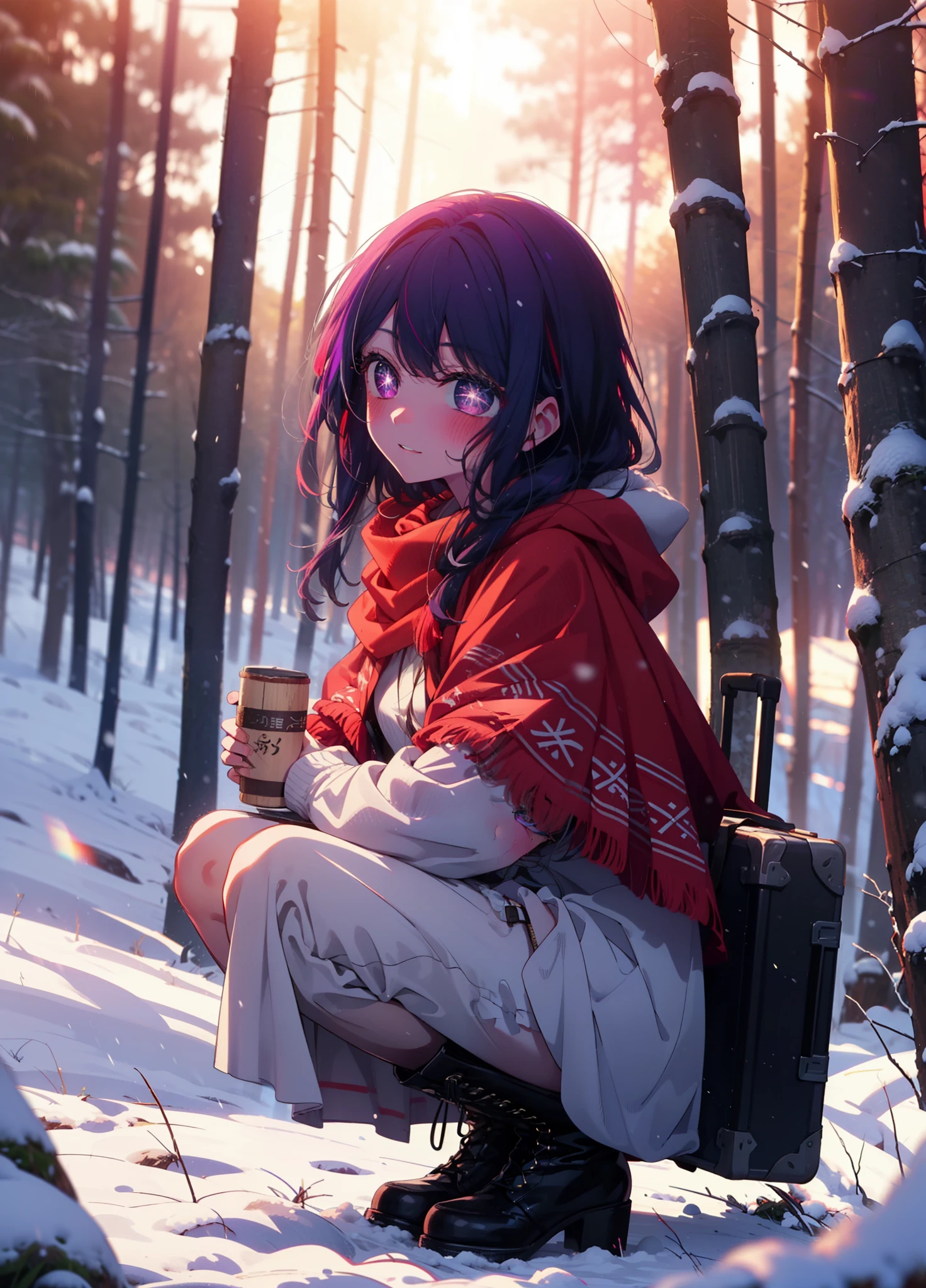 aihoshino, Ai Hoshino, Long Hair, bangs, (Purple eyes:1.1), Purple Hair, (Symbol-shaped pupil:1.5), smile,,smile,blush,white breath,
Open your mouth,snow,Ground bonfire, Outdoor, boots, snowing, From the side, wood, suitcase, Cape, Blurred, , forest, White handbag, nature,  Squat, Mouth closed, Cape, winter, Written boundary depth, Black shoes, red Cape break looking at viewer, Upper Body, whole body, break Outdoor, forest, nature, break (masterpiece:1.2), Highest quality, High resolution, unity 8k wallpaper, (shape:0.8), (Beautiful and beautiful eyes:1.6), Highly detailed face, Perfect lighting, Extremely detailed CG, (Perfect hands, Perfect Anatomy),