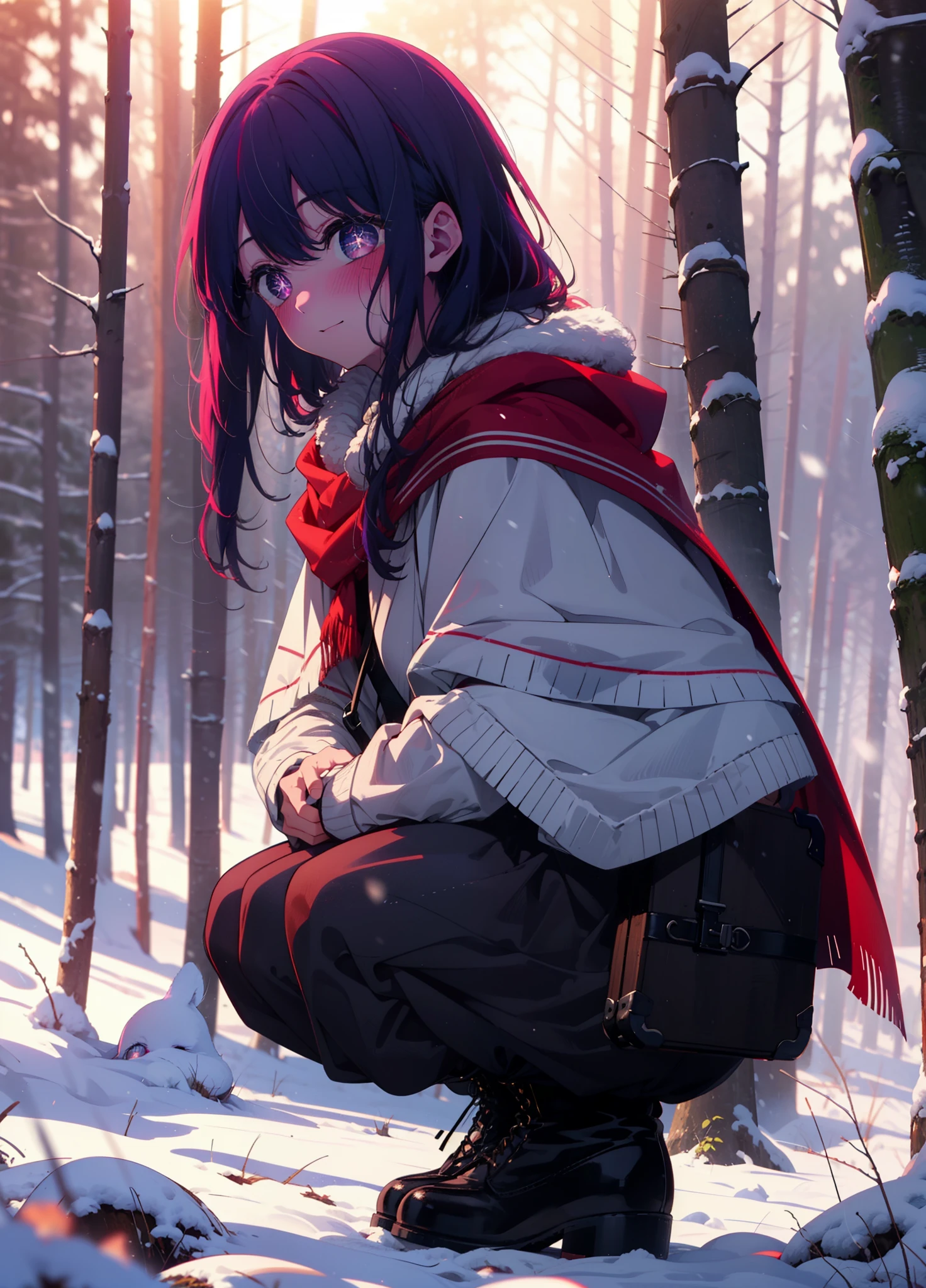 aihoshino, Ai Hoshino, Long Hair, bangs, (Purple eyes:1.1), Purple Hair, (Symbol-shaped pupil:1.5), smile,,smile,blush,white breath,
Open your mouth,snow,Ground bonfire, Outdoor, boots, snowing, From the side, wood, suitcase, Cape, Blurred, , forest, White handbag, nature,  Squat, Mouth closed, Cape, winter, Written boundary depth, Black shoes, red Cape break looking at viewer, Upper Body, whole body, break Outdoor, forest, nature, break (masterpiece:1.2), Highest quality, High resolution, unity 8k wallpaper, (shape:0.8), (Beautiful and beautiful eyes:1.6), Highly detailed face, Perfect lighting, Extremely detailed CG, (Perfect hands, Perfect Anatomy),