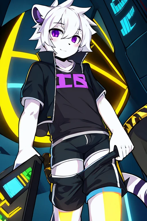 White fur tiger, little, adolescent , with white tail, White hair, black jacket, address shirt, shorts s, purple eyes, hacker 