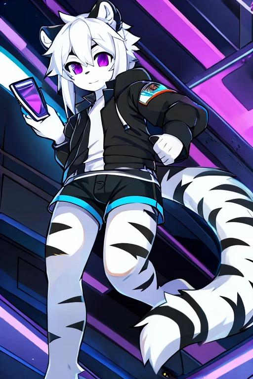 White fur tiger, little, adolescent , with white tail, White hair, black jacket, address shirt, shorts negros, purple eyes, hacker 