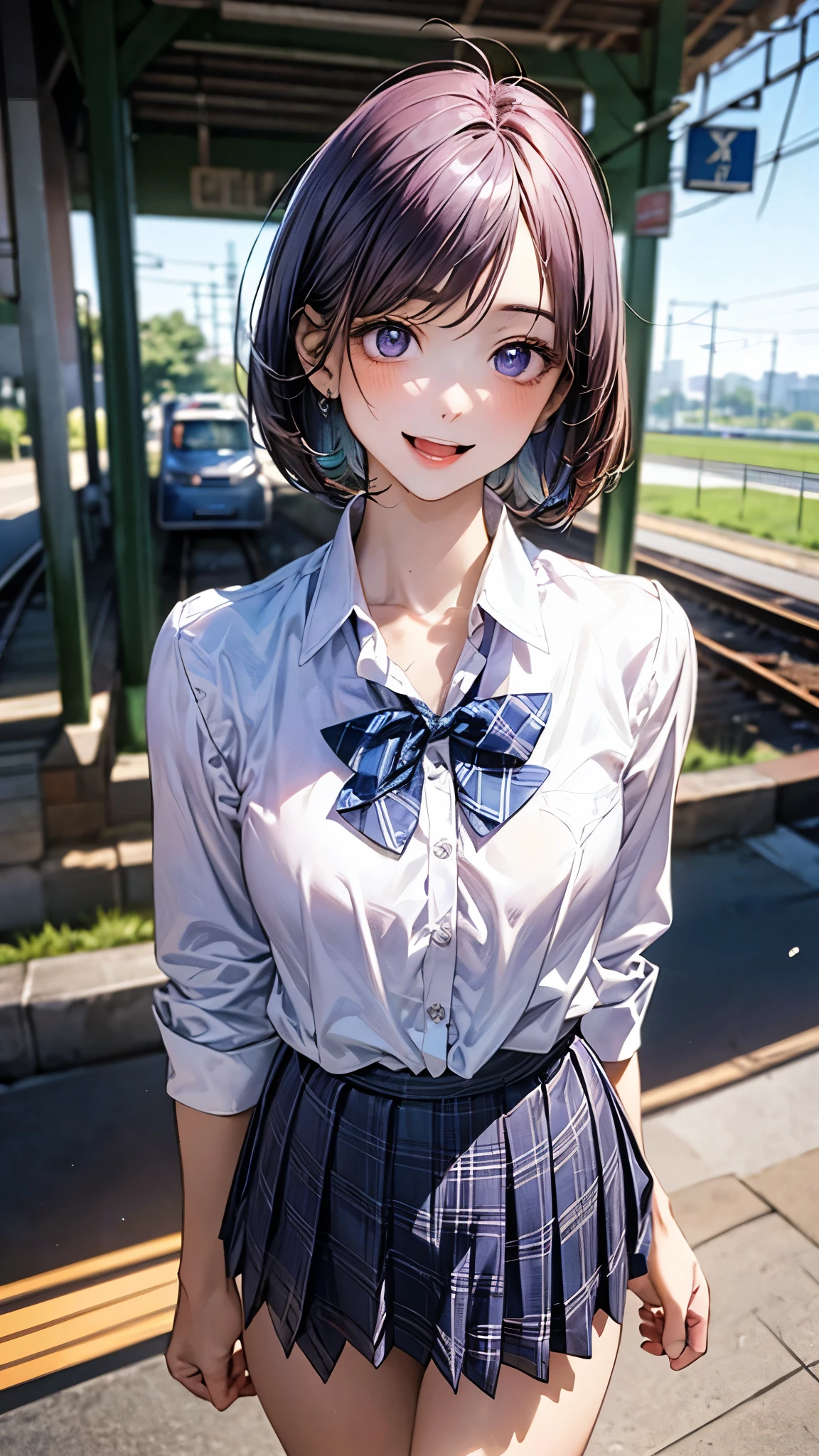 (masterpiece:1.2, top-quality), (realistic, photorealistic:1.4), beautiful illustration, (natural side lighting, movie lighting), depth of fields, nsfw,
beautiful detailed hair, beautiful detailed face, beautiful detailed eyes, beautiful clavicle, beautiful body, beautiful chest, beautiful thigh, beautiful legs,
looking at viewer, 1 girl, , (perfect anatomy, anatomically correct, super detailed skin), cute and symmetrical face, perfect face, perfect eyes,
(short hair, bob cut, purple hair), parted bangs, break blue eyes, big eyes, long eye lasher, (medium breasts, seductive thighs), perfect body, shiny skin, pink skin,
(detailed cloth texture, break white collared shirt, break blue pleated skirt, break blue plaid bow tie), break
(beautiful scenery), evening, (train station), standing, (lovely smile, open mouth slightly),