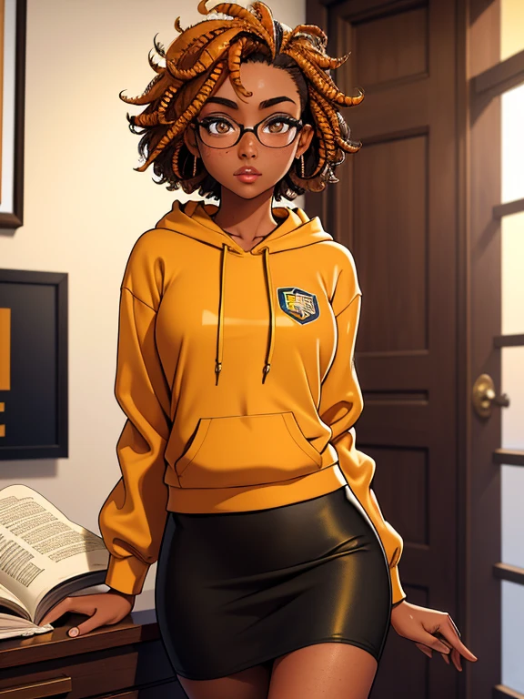 (masterpiece,best quality,absurdres,beautiful,aesthetic,detailed), (Detailed face:1.2), (Detailed eyes:1.2), 1girl, solo, 20 year old college student, ((slim, petite)) , she has tan-bronze skin with some freckles, short curly black hair with orange highlights, amber colored eyes, (Wearing: reading glasses, yellow hoodie, black pencil skirt), college background