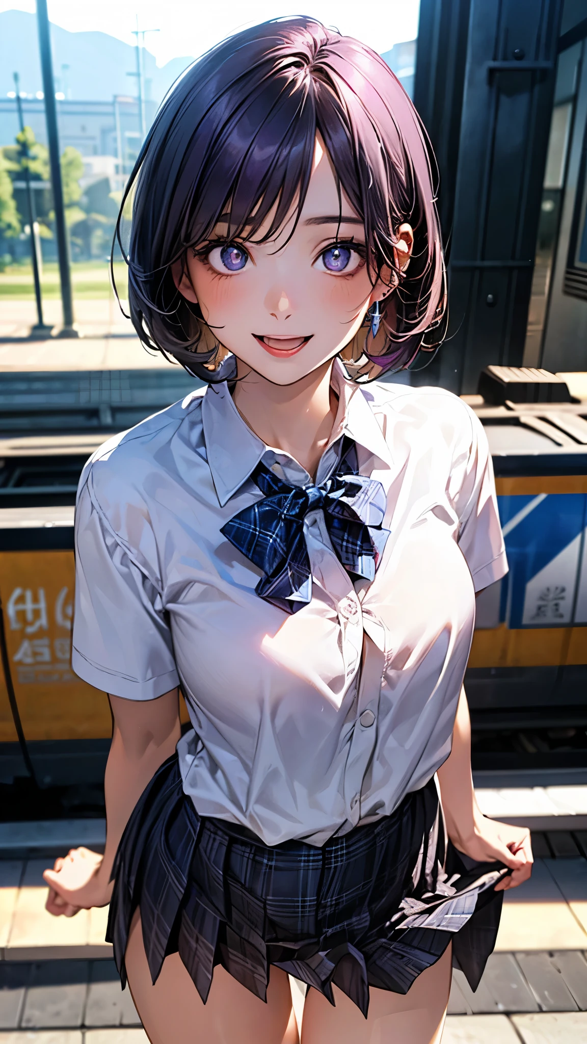 (masterpiece:1.2, top-quality), (realistic, photorealistic:1.4), beautiful illustration, (natural side lighting, movie lighting), depth of fields, nsfw,
beautiful detailed hair, beautiful detailed face, beautiful detailed eyes, beautiful clavicle, beautiful body, beautiful chest, beautiful thigh, beautiful legs,
looking at viewer, 1 girl, 12 years old, (perfect anatomy, anatomically correct, super detailed skin), cute and symmetrical face, perfect face, perfect eyes,
(short hair, bob cut, purple hair), parted bangs, break blue eyes, big eyes, long eye lasher, (medium breasts, seductive thighs), perfect body, shiny skin, pink skin,
(detailed cloth texture, break white collared shirt, break blue pleated skirt, break blue plaid bow tie), break
(beautiful scenery), evening, (train station), standing, (lovely smile, open mouth slightly),