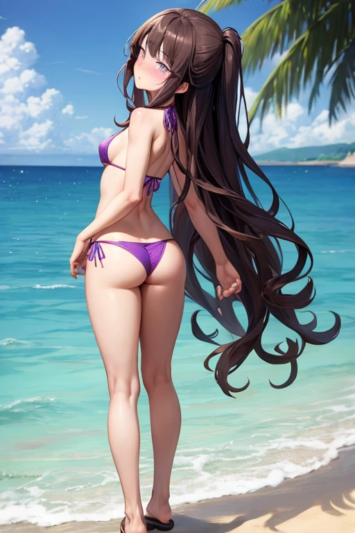 ((best quality)), ((masterpiece)), (detailed), 1 girl, full body, 19 years old, embarrassed face, young adult, somewhat short stature, purple eyes, brown hair, somewhat wavy hair, long hair, bang, blushing, very small breasts, sexy purple bikini, bending over, seductive legs, big butt, sexy butt, head down butt up, beach background, looking back, anime