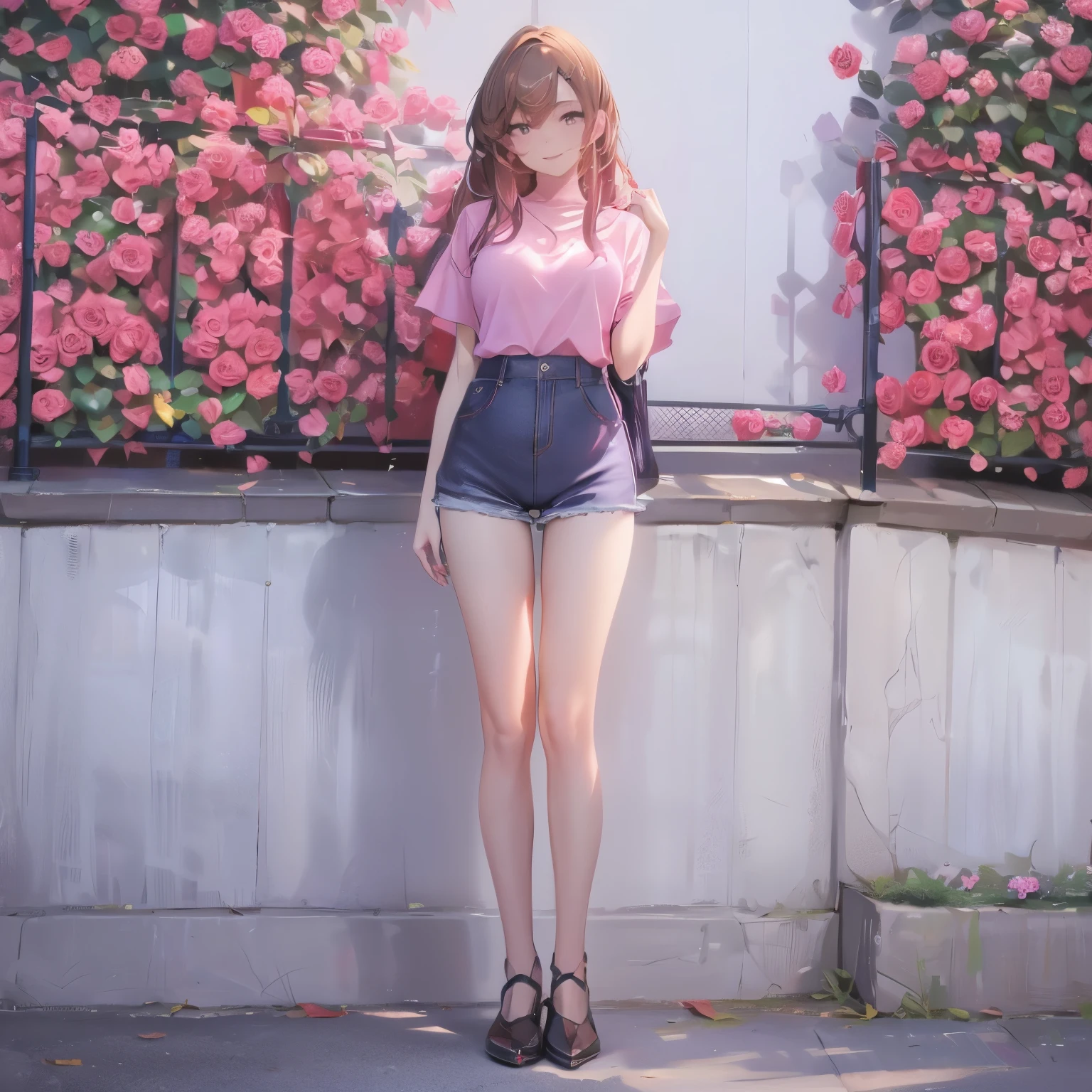 masterpiece, A young beautiful girl, Smile, Looking at the camera, Standing in front of a rose bush, Wear shorts and , Flowers, full-body shot, Casual posture, Long legs