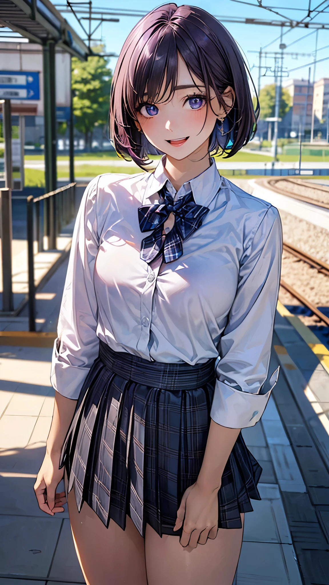 (masterpiece:1.2, top-quality), (realistic, photorealistic:1.4), beautiful illustration, (natural side lighting, movie lighting), depth of fields, nsfw,
beautiful detailed hair, beautiful detailed face, beautiful detailed eyes, beautiful clavicle, beautiful body, beautiful chest, beautiful thigh, beautiful legs,
looking at viewer, 1 girl, 12 years old, (perfect anatomy, anatomically correct, super detailed skin), cute and symmetrical face, perfect face, perfect eyes,
(short hair, bob cut, purple hair), parted bangs, break blue eyes, big eyes, long eye lasher, (medium breasts, seductive thighs), perfect body, shiny skin, pink skin,
(detailed cloth texture, break white collared shirt, break blue pleated skirt, break blue plaid bow tie), break
(beautiful scenery), evening, (train station), standing, (lovely smile, open mouth slightly),