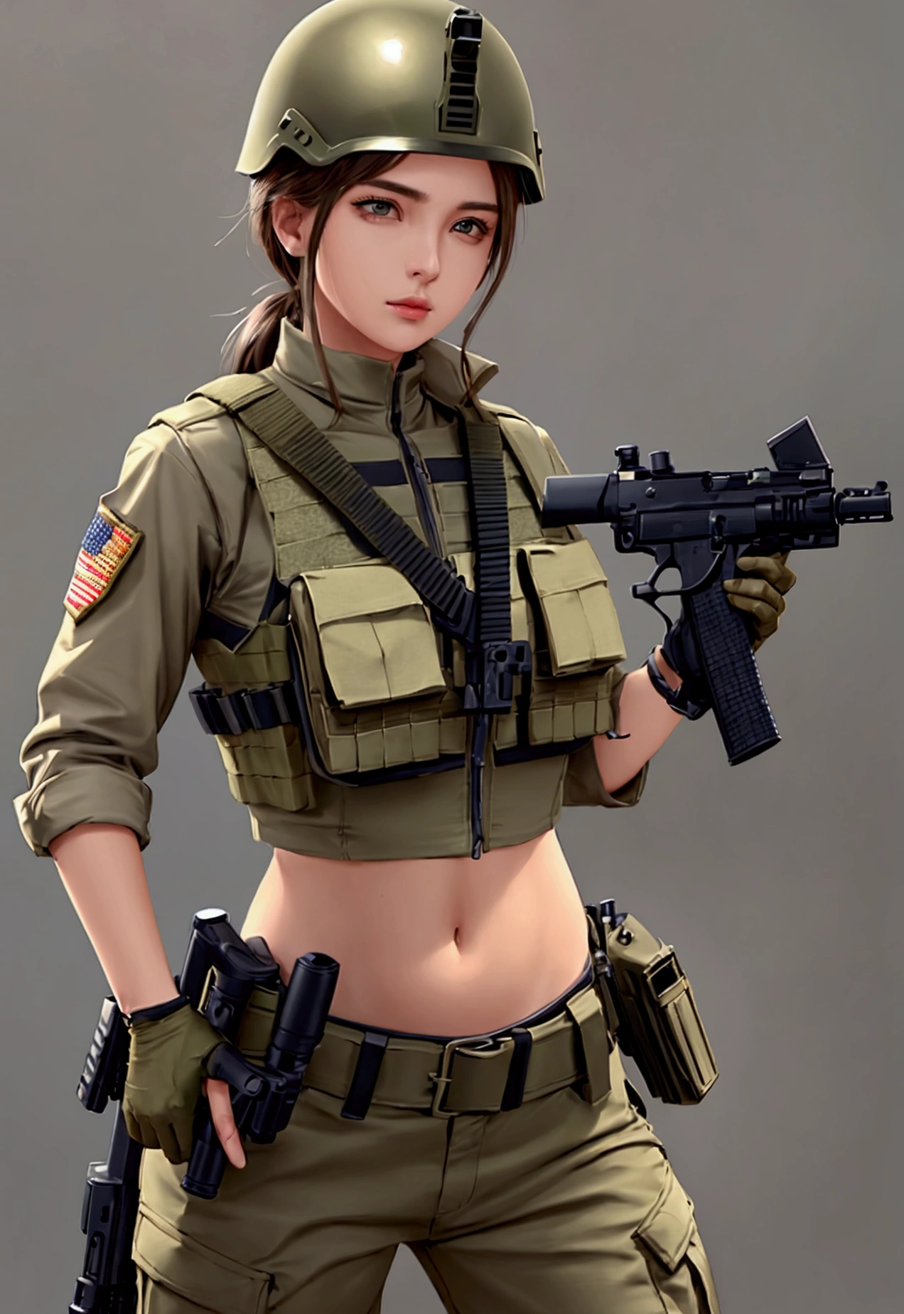 Women in crop top military bulletproof vest , military green cargo pants, belt, military helmet, tactical, (open navel), ((holding pistol))
