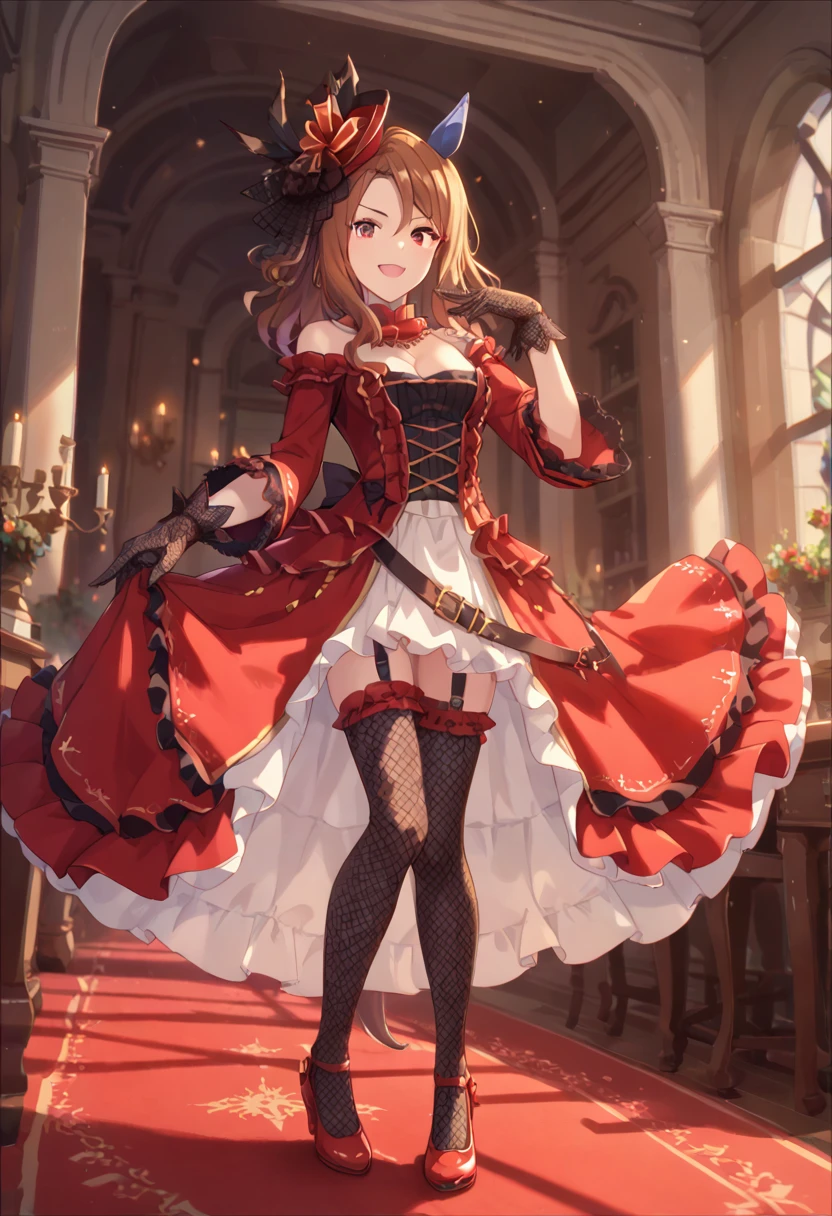 score_9, score_8_up, score_7_up BREAK
take_part_in_a_waltz_this_evening, 1girl, solo, long hair, breasts, looking at viewer, smile, open mouth, brown hair, red eyes, thighhighs, gloves, hat, dress, bow, animal ears, cleavage, bare shoulders, medium breasts, tail, frills, black gloves, indoors, official alternate costume, red dress, horse ears, horse girl, fishnets, horse tail, ear covers, lace gloves, (stockings, red high heels), full body, 
