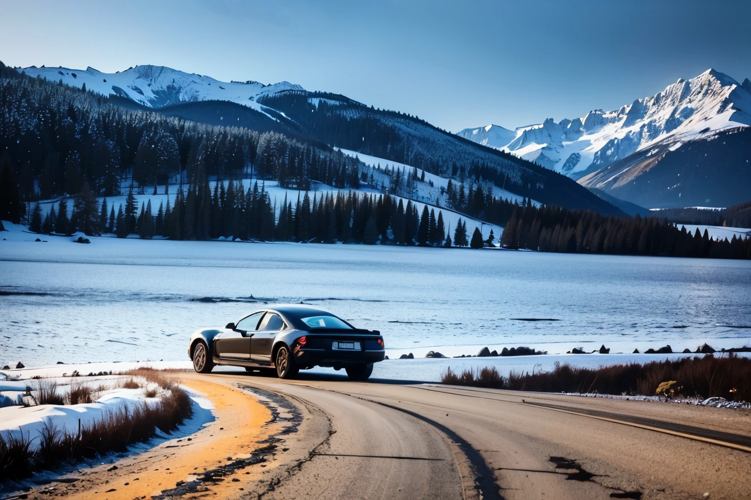 a vintage black car parked on a mountaintop overlooking a crystal-clear lake,snow-covered peaks in switzerland,oil painting,highly detailed,photorealistic,dramatic lighting,vivid colors,dynamic composition,(best quality,4k,8k,highres,masterpiece:1.2),ultra-detailed,(realistic,photorealistic,photo-realistic:1.37),HDR,UHD,studio lighting,ultra-fine painting,sharp focus,physically-based rendering,extreme detail description,professional,vivid colors,landscape,dramatic,cinematic
