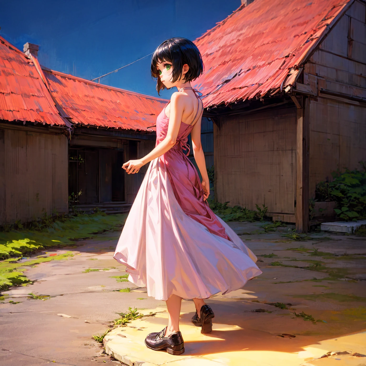 solo, ??? girl, green eyes, short haircut, black hair, bare shoulder dress, pink dress, shoes, outdoor, medieval town, sky blue, full body version, full shot camera, detail background, detailed hair, detailed clothing, (Bleach style art)