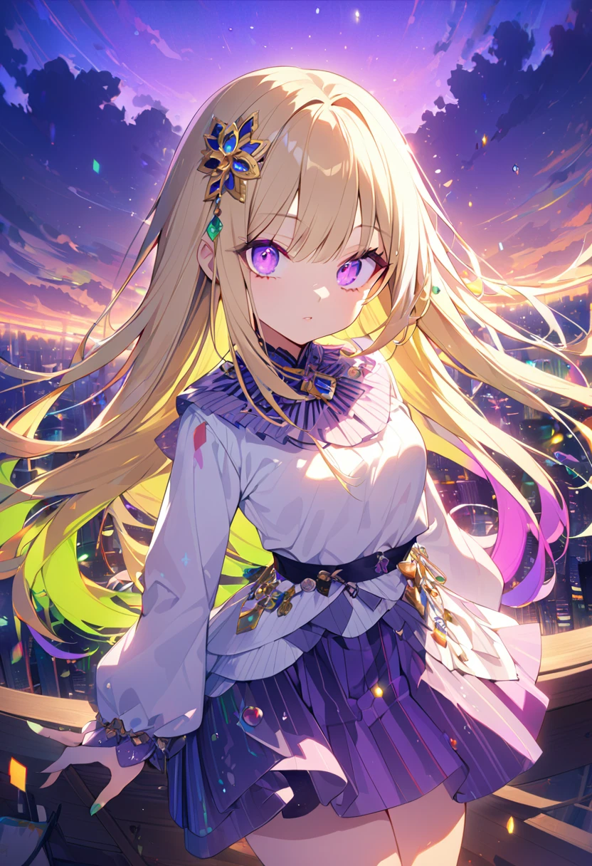 1 person、masterpiece、Highest quality、Beauty、Big eyes、Purple Eyes、Left eye is yellow-green、Blonde Hair、Straight Hair、skirt、Long sleeve、Jeweled Hair Ornaments、Multicolor、colorful、colorfulな背景、paint、anime