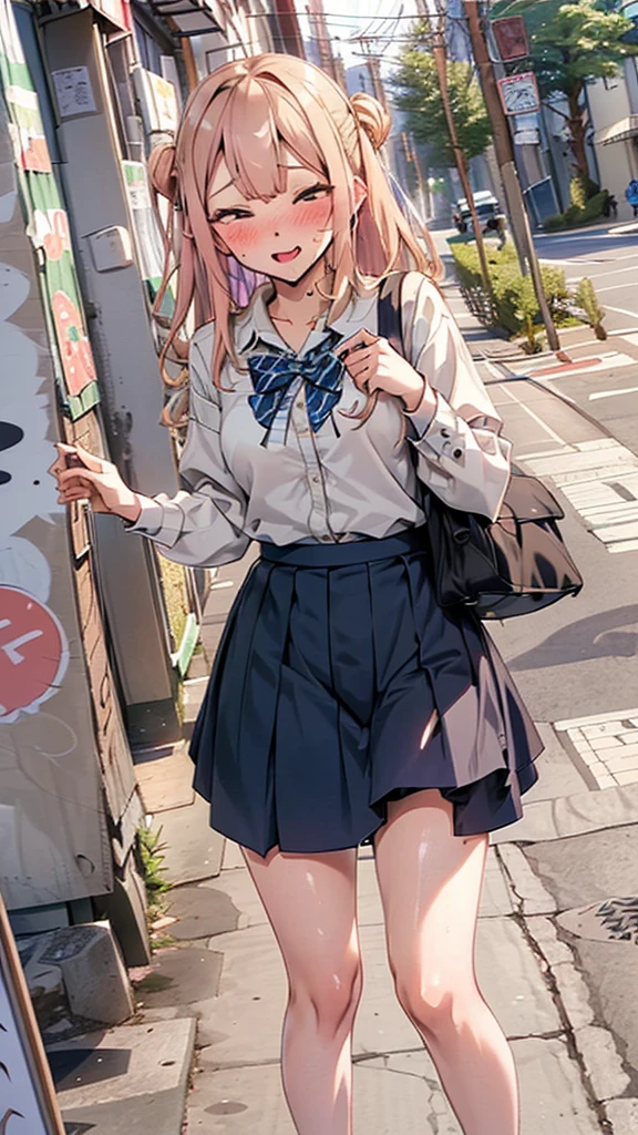 (((Pussy juice:1.5,Ahegao, blush))),Are standing, Navy Pleated Skirt, On the way to school, blush
