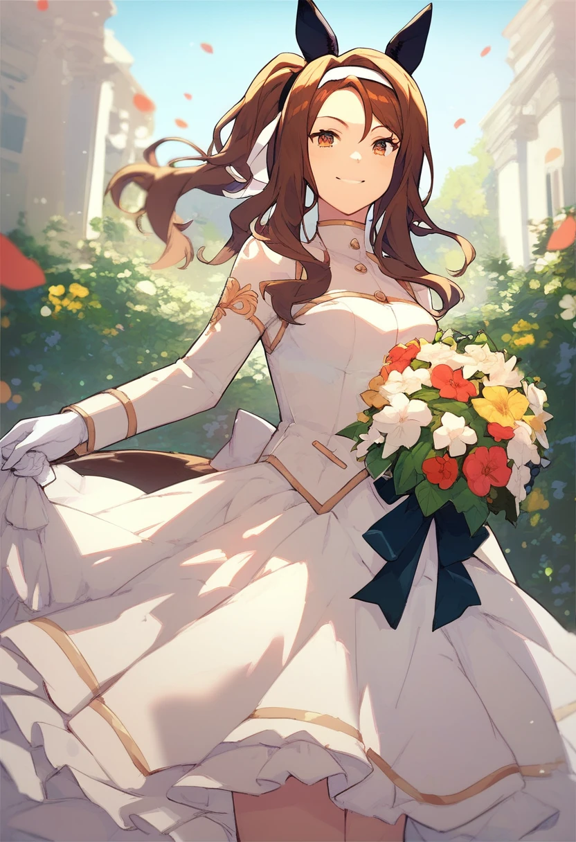 score_9, score_8_up, score_7_up, 2D, anime BREAK
noble_white_cheer_attire, 1girl, solo, long hair, smile, bangs, brown hair, gloves, dress, holding, animal ears, flower, white gloves, official alternate costume, horse ears, horse girl, horse tail, bouquet, holding bouquet, ear covers, 
