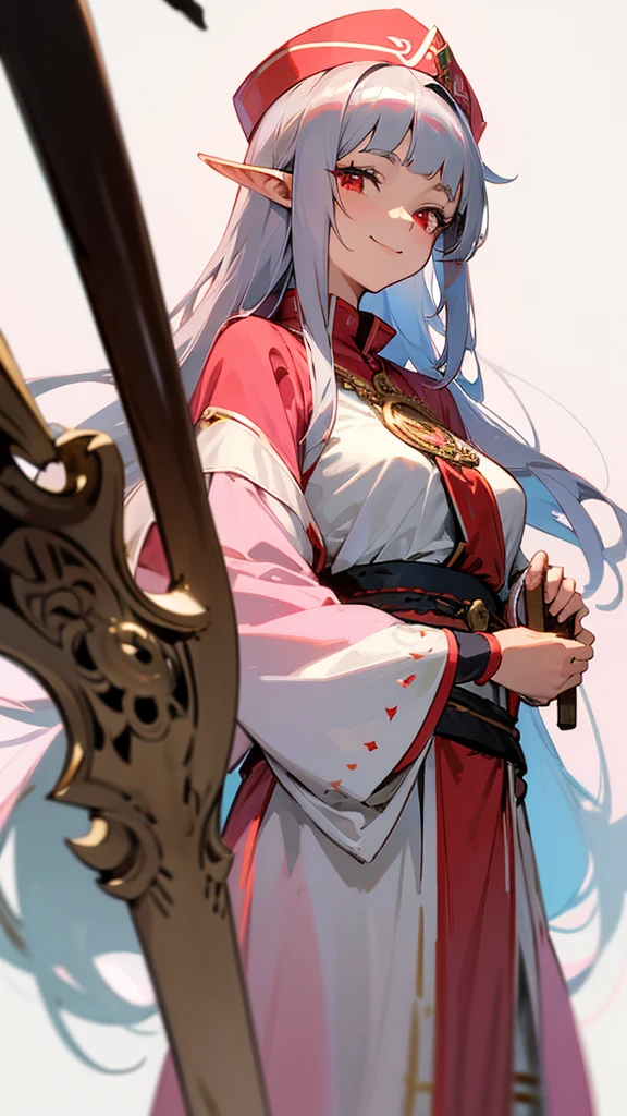 Draw me an mature girl anime,she had a straight bangs and long hair with silver colour,she had a elf ear,and red colour eye. Wearing a priestess pink colour outfit with head cap,and holding a holy stick,she smiling to camera,white background 