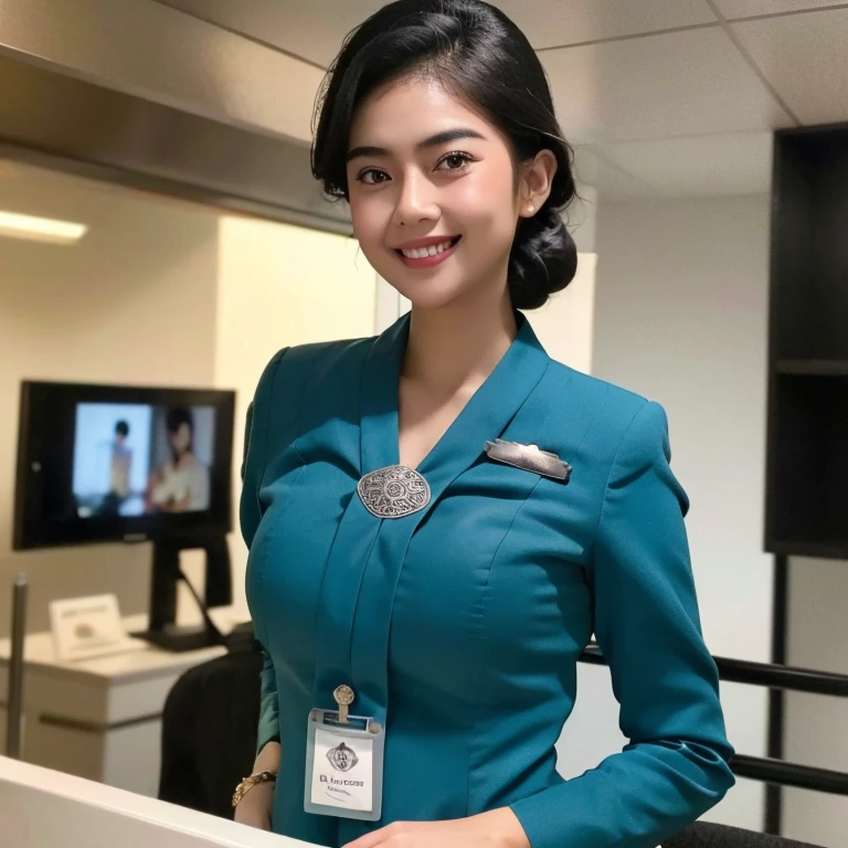 Indoor airlanes,black hair, indonesian,wearing garudaindonesia uniform,white skin,large breast, (masterpiece:1.3),((sfw)),busty body,smiling
