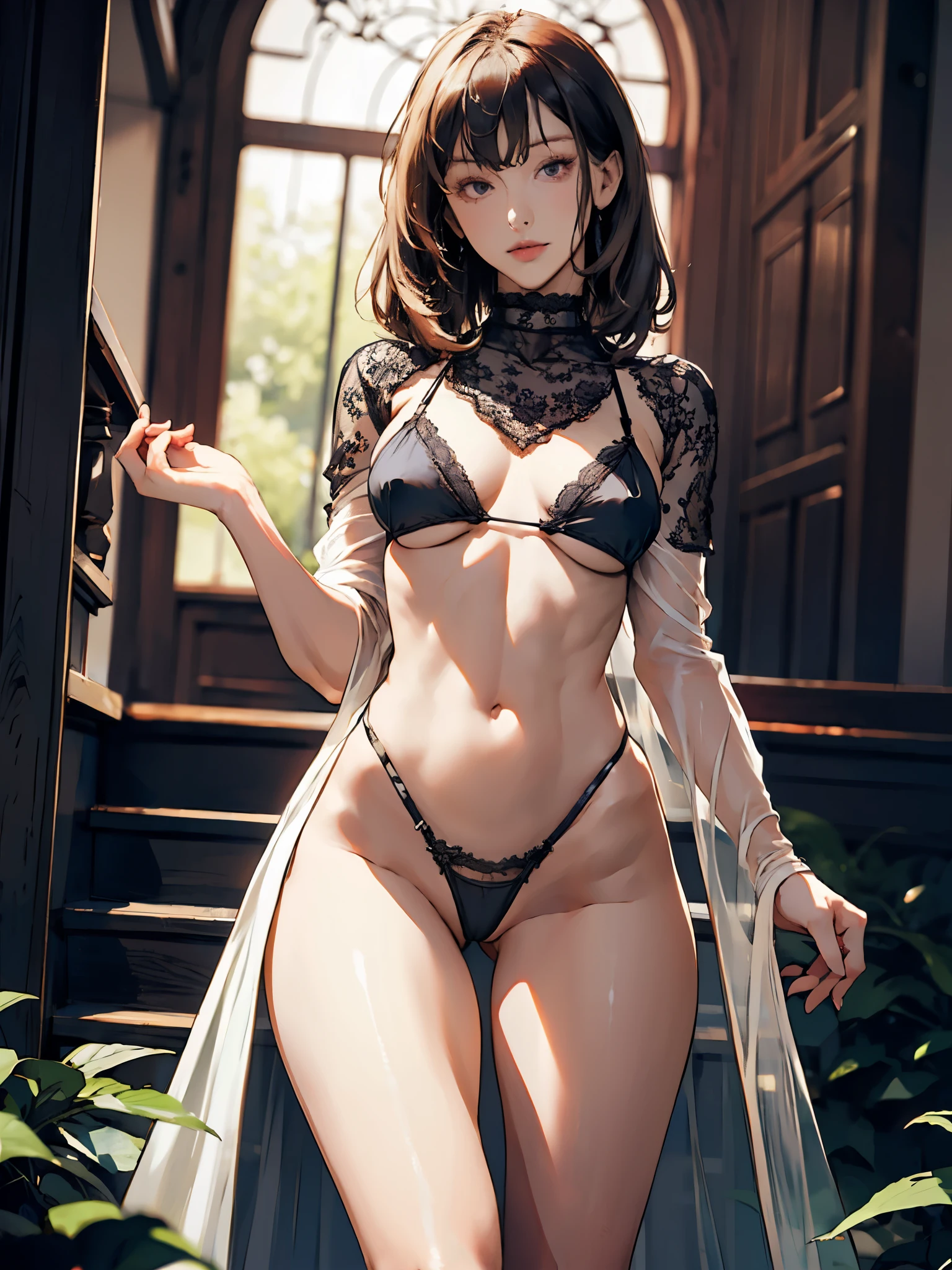 BREAK, 1girl, (solo:1.4), (standing:1.2), (intricate black lace micro bikini:1.2), (, cute:1.3), (breasts:1.2), (highleg black lace thong:1.2), detailed face, looking at viewer, breasts, legs, detailed hair, BREAK, (beige see-through dress) (beige highneck dress, slim-fit dress:1.2), (flowers pattern print:0.8), long messy hair, in rock garden, elegant atmosphere, natural lighting, cinematic, soft focus, high quality, masterpiece, digital art, photorealistic,