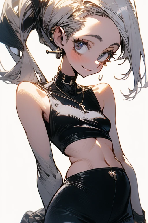 High resolution, masterpiece, accurate, Anatomically correct, Highest quality, Retina, ponytail, Silver Hair, Overlooking, Perm, skinny, E Cup, Medium, semi-long, Pants Style, Plain sleeveless, Belly button, Slightly fleshy, Big eyes, Round eyes, Soft Skin, High quality eyes, glamorous, smile, Realistic