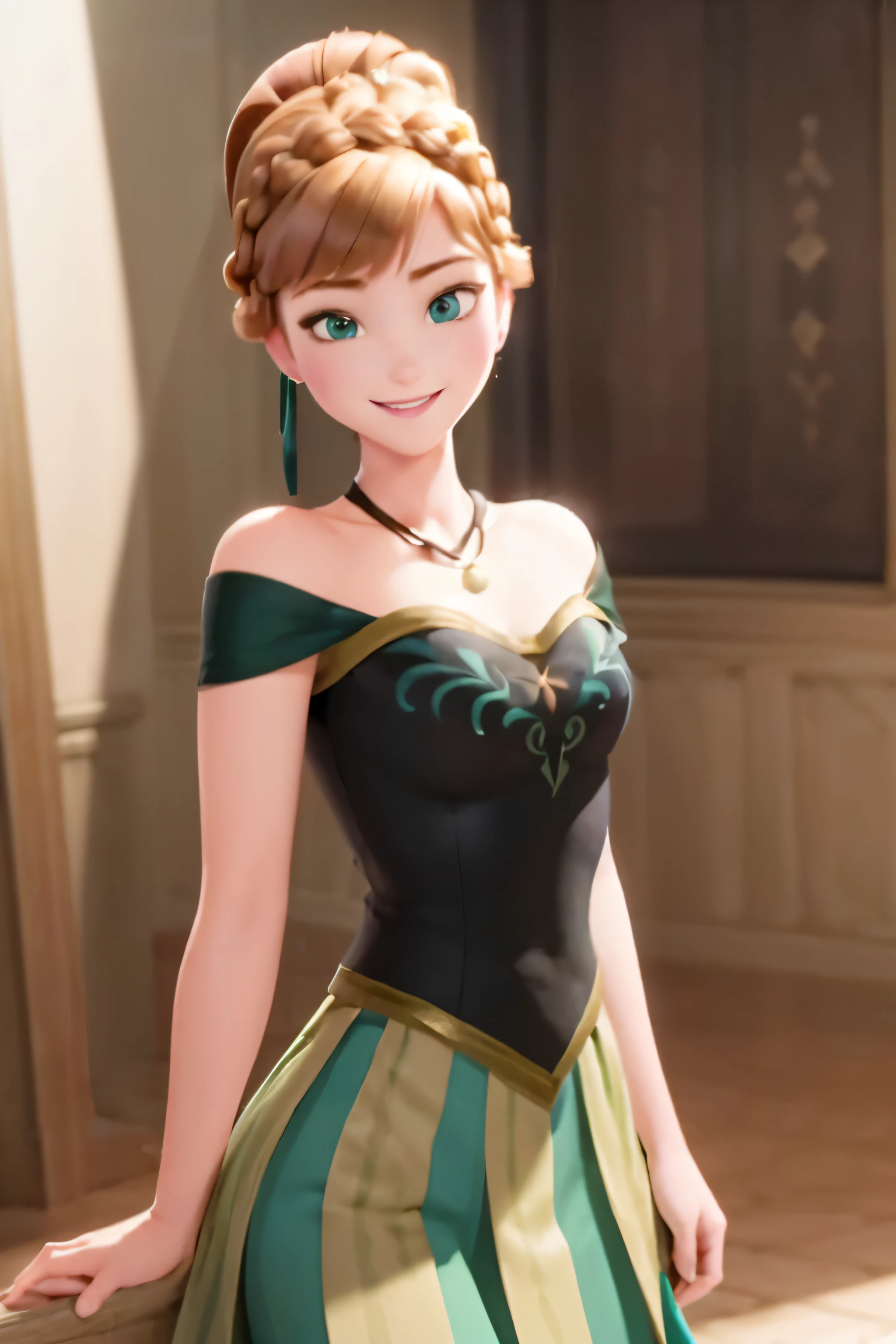(masterpiece:1.4), (best qualit:1.4), (high resolution:1.4),
anna of arendelle, bare shoulder, black bodice, green skirt, necklace, updo,
indoors, ballroom,
looking at viewer, smile,