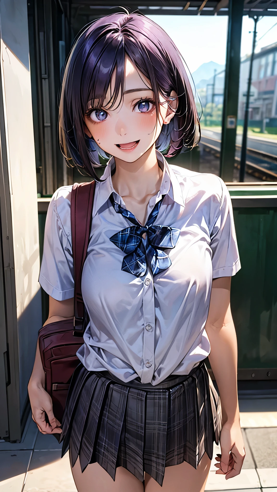 (masterpiece:1.2, top-quality), (realistic, photorealistic:1.4), beautiful illustration, (natural side lighting, movie lighting), depth of fields, nsfw,
beautiful detailed hair, beautiful detailed face, beautiful detailed eyes, beautiful clavicle, beautiful body, beautiful chest, beautiful thigh, beautiful legs,
looking at viewer, 1 girl, 12 years old, (perfect anatomy, anatomically correct, super detailed skin), cute and symmetrical face, perfect face, perfect eyes,
(short hair, bob cut, purple hair), parted bangs, break blue eyes, big eyes, long eye lasher, (medium breasts, seductive thighs), perfect body, shiny skin, pink skin,
(detailed cloth texture, break white collared shirt, break blue pleated skirt, break blue plaid bow tie), break school bag,
(beautiful scenery), evening, (train station), standing, (lovely smile, open mouth slightly),