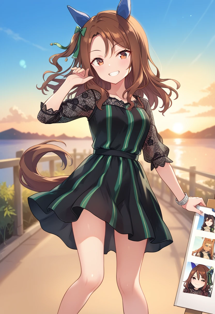 score_9, score_8_up, score_7_up BREAK
casual_clothes, 1girl, solo, long hair, blush, smile, bangs, brown hair, dress, bow, animal ears, hair bow, outdoors, black footwear, grin, blurry, black dress, dated, ^ ^, horse ears, horse girl, horse tail, green bow, green dress, sunset, photo \(object\), ear covers, dynamic pose, perspective, black footwear, 
