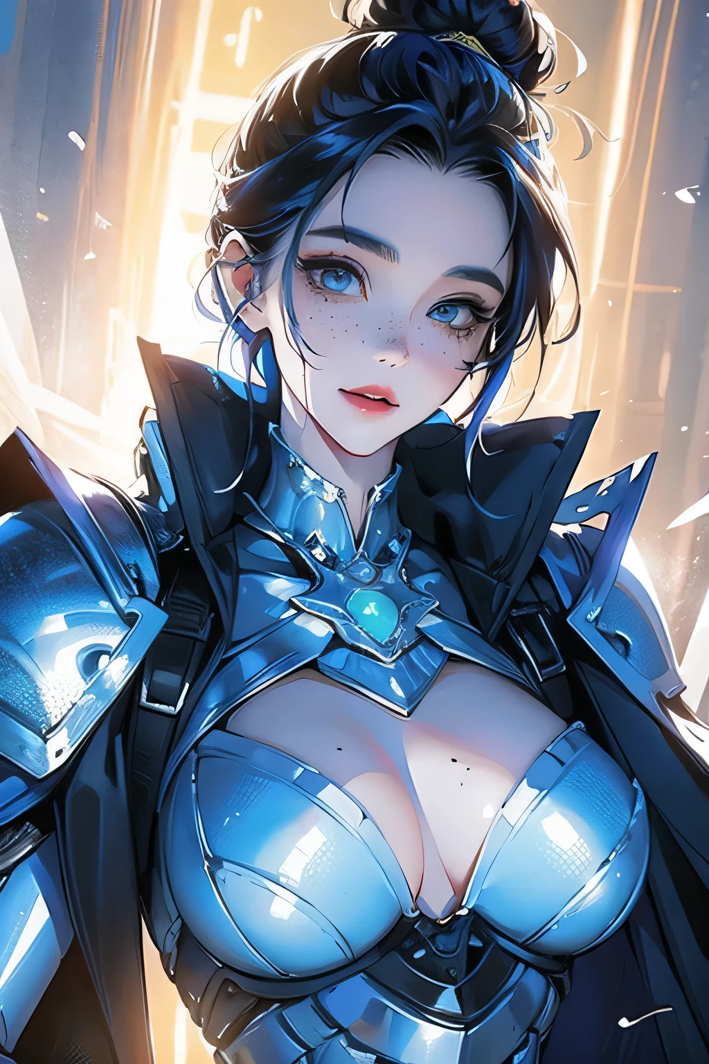 best quality, masterpiece, photographic reality, realistic, beautiful eyes, perfect detail, best lighting, super complex details, Dynamic colors, Striking contrast, electric energy, beautiful asian woman, blue eyes, bright blue hair, messy bun hair, freckles, pale skin, big breasts, smiling, ((wearing knight armor)), in dark forest, big landscape, blue glowing magic light, ((halfbody)), ((robotic arm))