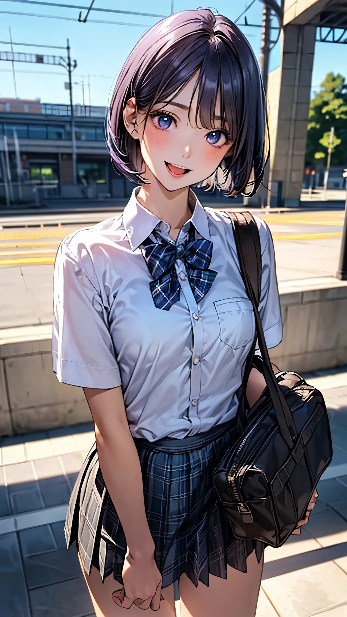 (masterpiece:1.2, top-quality), (realistic, photorealistic:1.4), beautiful illustration, (natural side lighting, movie lighting), depth of fields, nsfw, 
beautiful detailed hair, beautiful detailed face, beautiful detailed eyes, beautiful clavicle, beautiful body, beautiful chest, beautiful thigh, beautiful legs, 
looking at viewer, 1 girl, 12 years old, (perfect anatomy, anatomically correct, super detailed skin), cute and symmetrical face, perfect face, perfect eyes, 
(short hair, bob cut, purple hair), parted bangs, break blue eyes, big eyes, long eye lasher, (medium breasts, seductive thighs), perfect body, shiny skin, pink skin, 
(detailed cloth texture, break white collared shirt, break blue pleated skirt, break blue plaid bow tie), break school bag, 
(beautiful scenery), evening, (train station), standing, (lovely smile, open mouth slightly), 