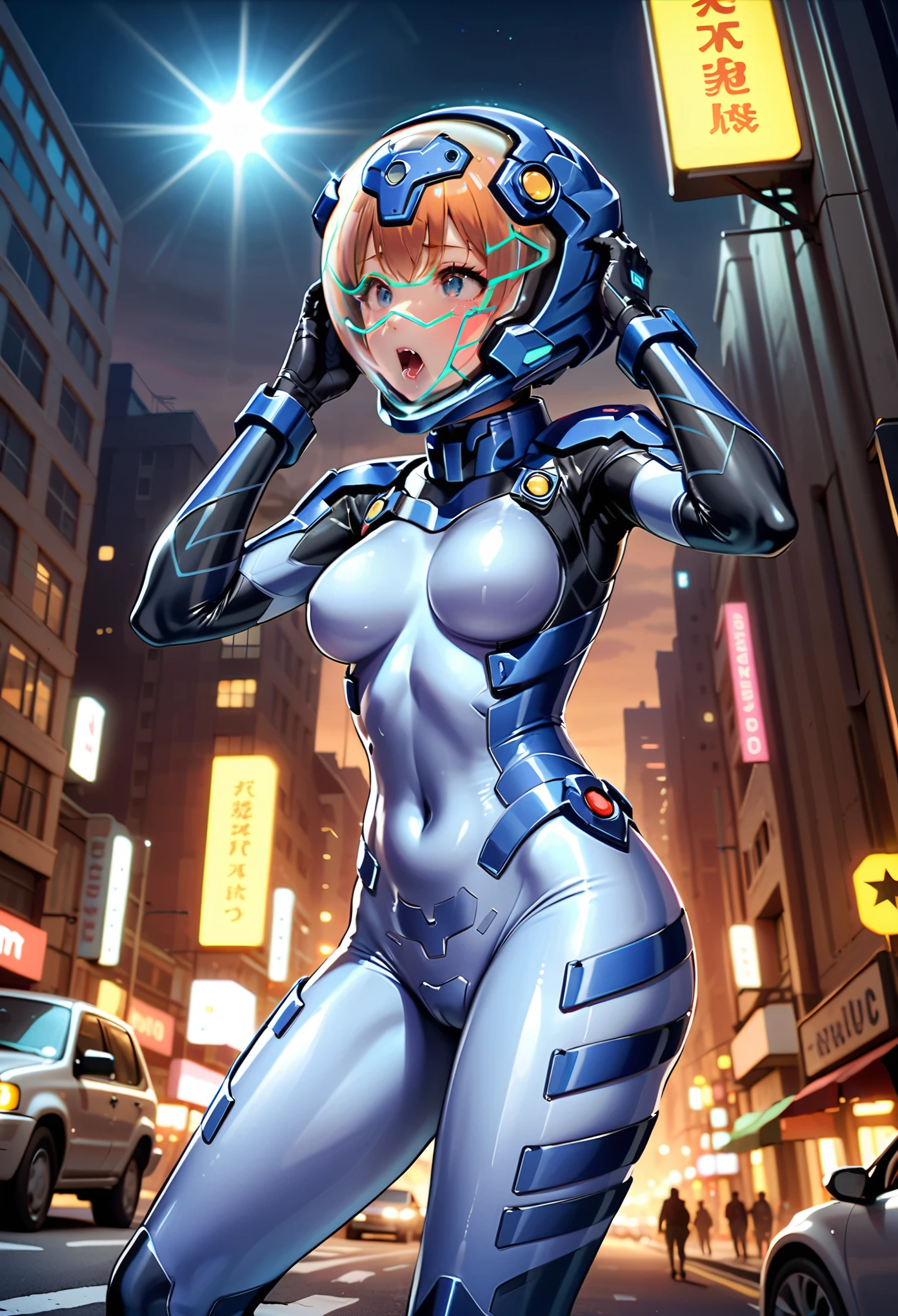 short hair, street, emo, BLACK hair, white eyes, eyeliner, apocalypse, (astronaut, girl, road, city, fortified suit, ((blue:1.5) plugsuit), short hair, outdoors, cinematic light, medium breasts, covered navel, space helmet, muvluv, space helm, eva helmet,[legs bent, ,ahegao, rolling eyes,saliva, drooling, sweat, trembling, HARD TO BREATH,, (hands up:1.6), (holding head:1.7)