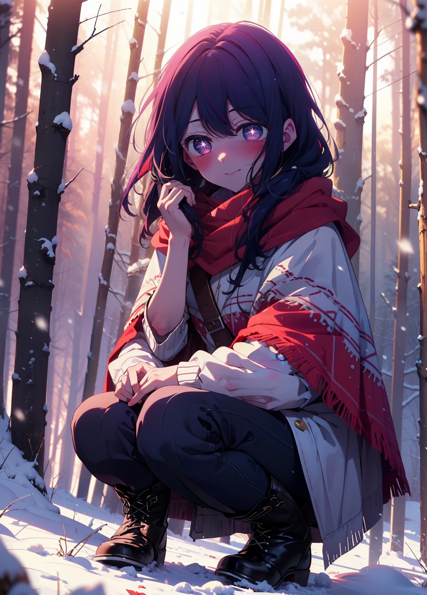aihoshino, Ai Hoshino, Long Hair, bangs, (Purple eyes:1.1), Purple Hair, (Symbol-shaped pupil:1.5), smile,,smile,blush,white breath,
Open your mouth,snow,Ground bonfire, Outdoor, boots, snowing, From the side, wood, suitcase, Cape, Blurred, , forest, White handbag, nature, Squat, Mouth closed, Cape, winter, Written boundary depth, Black shoes, red Cape break looking at viewer, Upper Body, whole body, break Outdoor, forest, nature, break (masterpiece:1.2), Highest quality, High resolution, unity 8k wallpaper, (shape:0.8), (Beautiful and beautiful eyes:1.6), Highly detailed face, Perfect lighting, Extremely detailed CG, (Perfect hands, Perfect Anatomy),