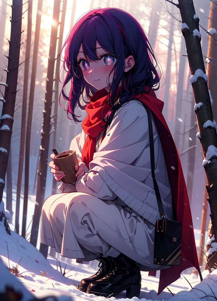 aihoshino, Ai Hoshino, Long Hair, bangs, (Purple eyes:1.1), Purple Hair, (Symbol-shaped pupil:1.5), smile,,smile,blush,white breath,
Open your mouth,snow,Ground bonfire, Outdoor, boots, snowing, From the side, wood, suitcase, Cape, Blurred, , forest, White handbag, nature, Squat, Mouth closed, Cape, winter, Written boundary depth, Black shoes, red Cape break looking at viewer, Upper Body, whole body, break Outdoor, forest, nature, break (masterpiece:1.2), Highest quality, High resolution, unity 8k wallpaper, (shape:0.8), (Beautiful and beautiful eyes:1.6), Highly detailed face, Perfect lighting, Extremely detailed CG, (Perfect hands, Perfect Anatomy),