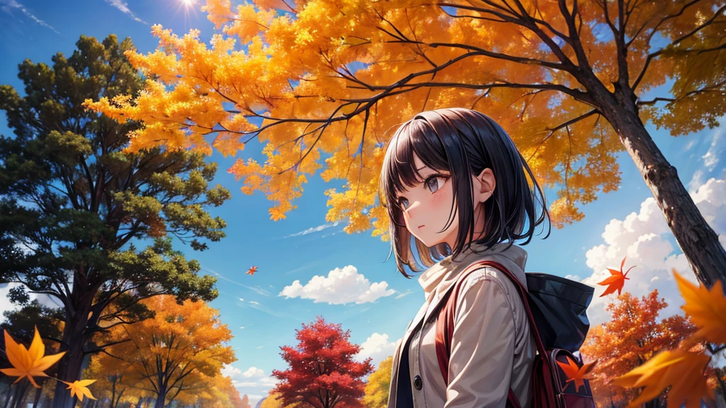 1girl, Sakamata Chloe, solo, trees, sun, clouds, autumn, colorful trees, falling leaves