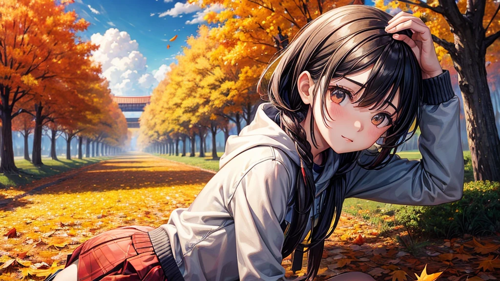 1girl, Sakamata Chloe, solo, trees, sun, clouds, autumn, colorful trees, falling leaves