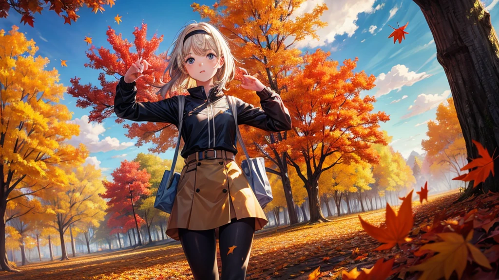 1girl, Sakamata Chloe, solo, trees, sun, clouds, autumn, colorful trees, falling leaves