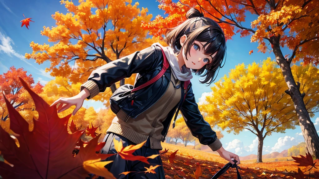 1girl, Sakamata Chloe, solo, trees, sun, clouds, autumn, colorful trees, falling leaves