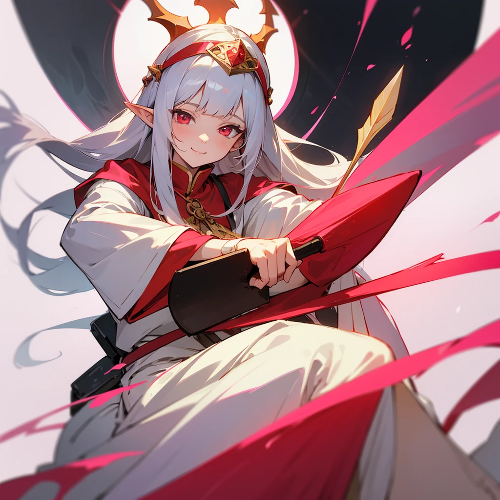 Draw me an mature girl anime,she had a straight bangs and long hair with silver colour,she had a elf ear,and red colour eye. Wearing a priestess pink colour outfit with head cap,and holding a holy stick,she smiling to camera,white background, beautiful art