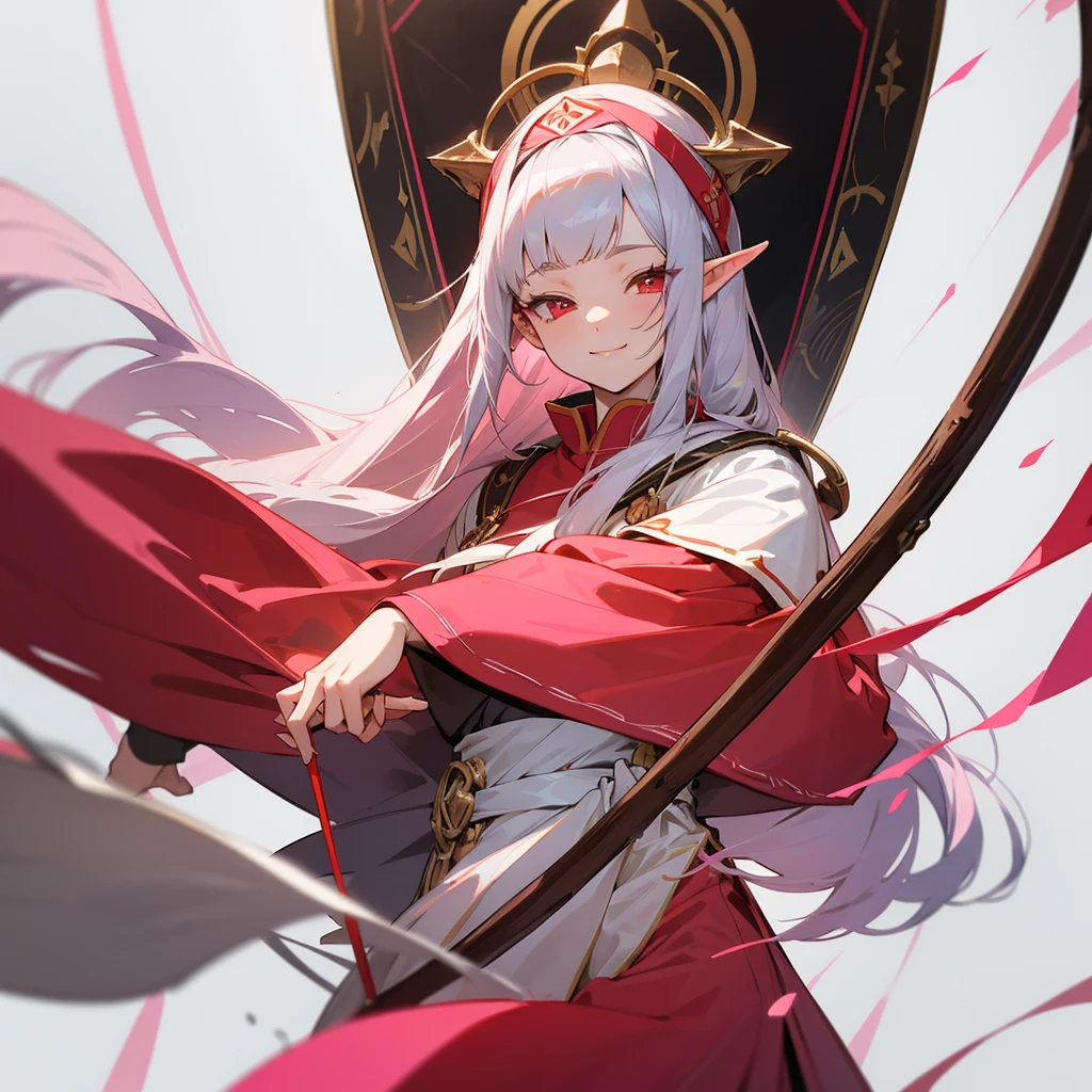 Draw me an mature girl anime,she had a straight bangs and long hair with silver colour,she had a elf ear,and red colour eye. Wearing a priestess pink colour outfit with head cap,and holding a holy stick,she smiling to camera,white background, beautiful art