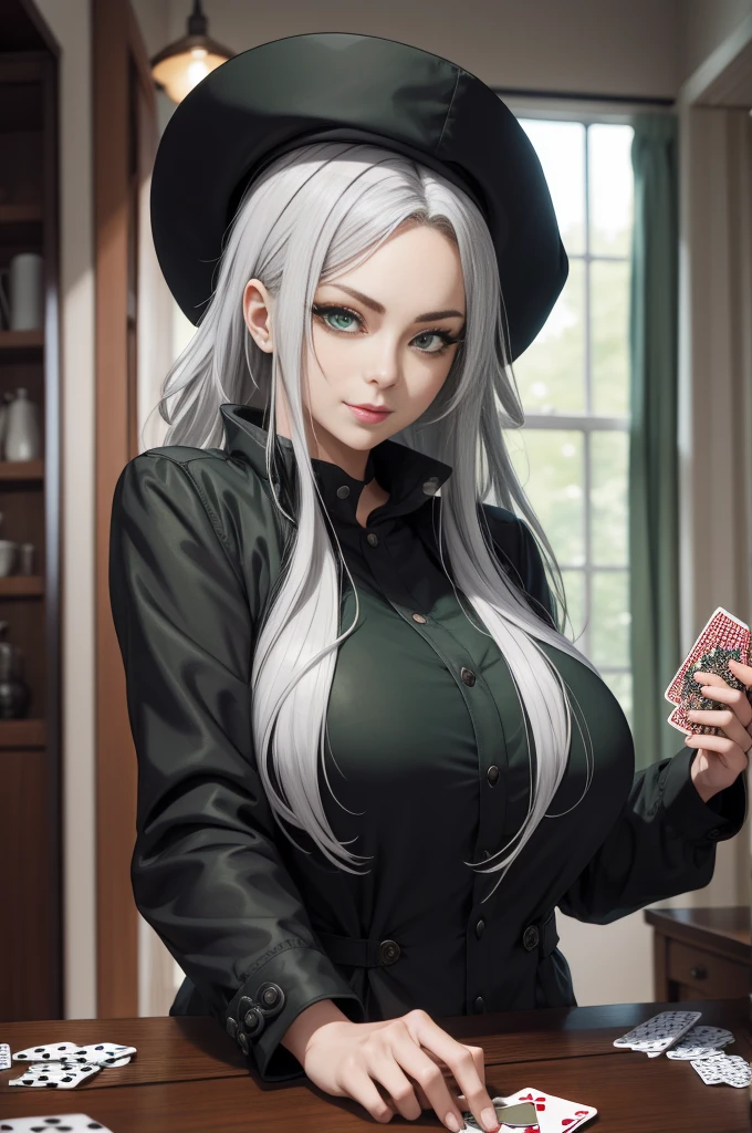 (Absurd, High resolution, Super detailed), (One girl:1.3), Silver Hair, long hair, Large Breasts, Anime Style, Green Eyes, One girl, Gaze,  holding playing cards in hand,she is wearing a black jacket,The hair is a voluminous,トランプカードがオーラを纏っている,