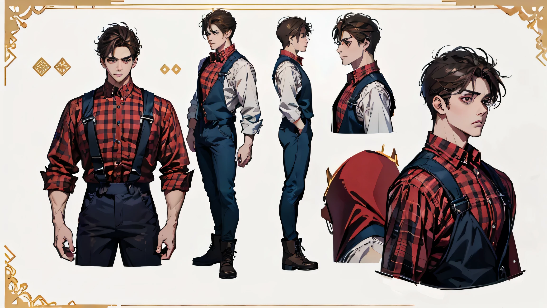 {reference sheet, model sheet,} ,standing, killer, a man of 35 years old, male focus , v-taper body, , rough, {cut short hairstyle, very dark brown hair,
gold eyes, pale skin, beast claws }, (handsome), pretty perfect face, wearing a red and black checked flannel shirt, blue dungarees , work Boots (masterpiece), best quality, highest detail, superior quality, natural lighting, white background