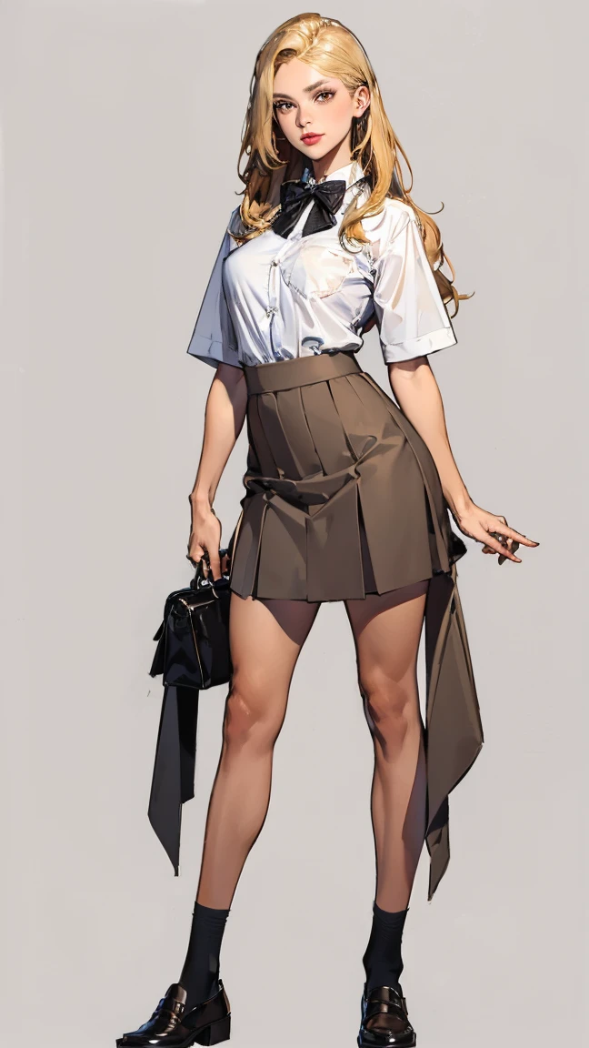 ((Highest quality,4K,High resolution,masterpiece:1.2)),((Character Concept Art)), 1 female, 10th generation women, Gal High School Girl, ((Long hair dyed brown or blonde)), Hair styled with lots of accessories, (Brown skin color), Very detailed eyes (Decorative contact lenses), Fashionable, Call, Socially active, slim body build, ((Intricate details)), Very finely crafted needles, Very finely crafted fingers(((10 fingers))), Wearing a white short-sleeved school shirt with a bow tie, Gray school skirt, Knee-length school socks, Black school loafers, Heavy makeup, (Standing casually), (Full-body showcase), (Show whole body), (No logos on background), (No logo), ((Plain background)), ((Plain background)), (((Sky Background)))