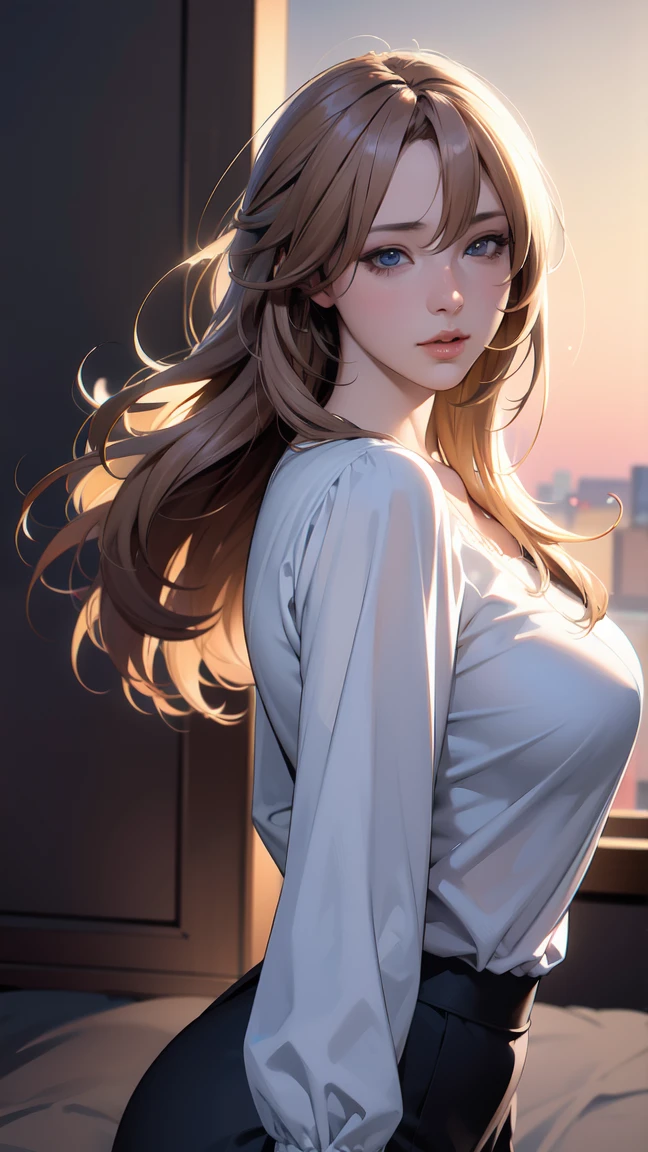 [intricate anime girl,detailed portrait,detailed face,beautiful detailed eyes,beautiful detailed lips,extremely detailed face,long flowing hair,sheer blouse,tight skirt, panty shot blowing in wind,(best quality,4k,8k,highres,masterpiece:1.2),ultra-detailed,(realistic,photorealistic,photo-realistic:1.37),cinematic lighting,golden hour,sunset in tokyo,dramatic lighting,vivid colors,elegant,graceful,serene,beautiful,atmospheric]