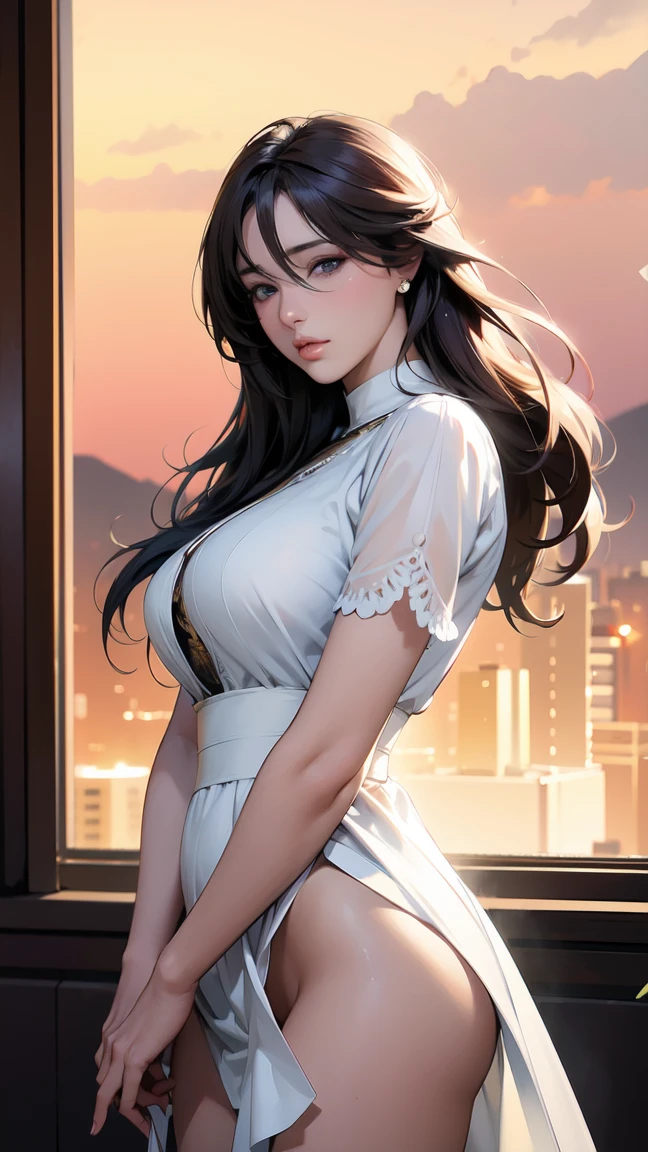 [intricate anime girl,detailed portrait,detailed face,beautiful detailed eyes,beautiful detailed lips,extremely detailed face,long flowing hair,sheer blouse,tight skirt, panty shot blowing in wind,(best quality,4k,8k,highres,masterpiece:1.2),ultra-detailed,(realistic,photorealistic,photo-realistic:1.37),cinematic lighting,golden hour,sunset in tokyo,dramatic lighting,vivid colors,elegant,graceful,serene,beautiful,atmospheric]