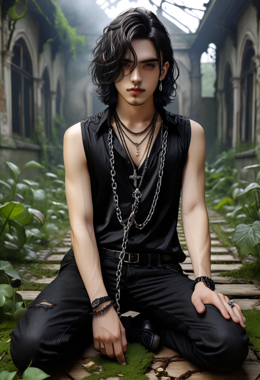 Gothic normal medium haired young men with aesthetic chain necklace and wearing a black sleeveless blouse is posing laying on the floor in front of the abandoned misty garden