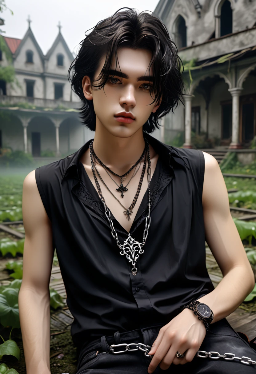 Gothic normal medium haired young men with aesthetic chain necklace and wearing a black sleeveless blouse is posing laying on the floor in front of the abandoned misty garden