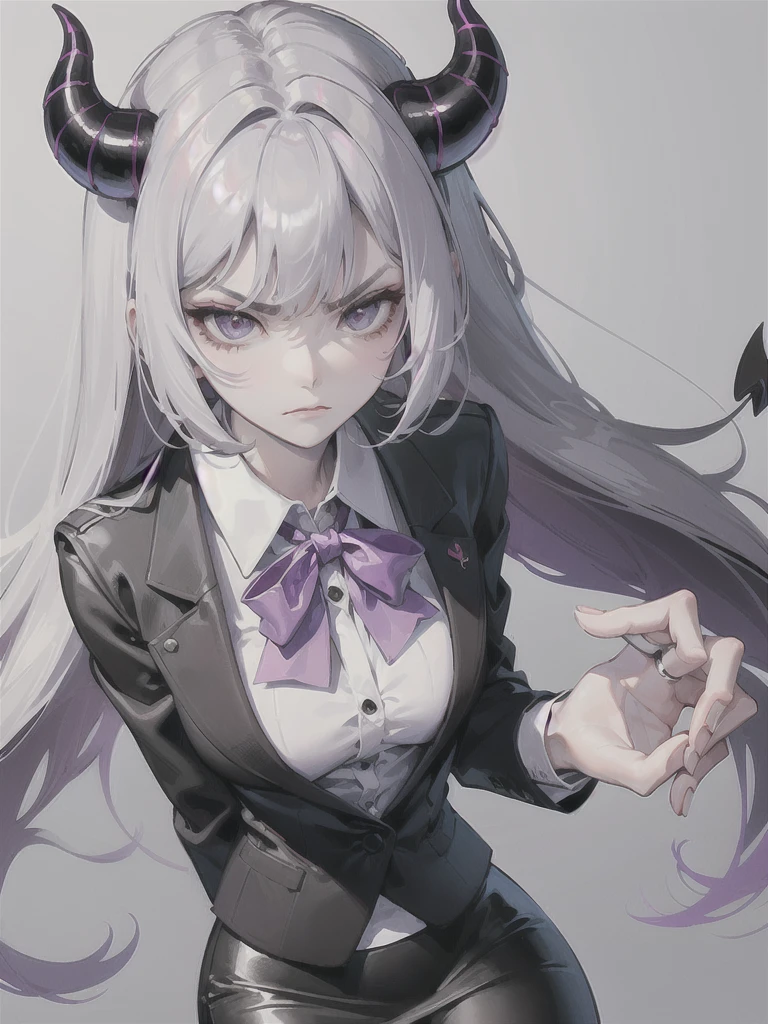 office lady, matured looking, long hair middle split, silver hair, purple horns, devil, pale skin, skinny body, tall, wearing white shirt and pencil skirt, serious expression, abit angry, frowning