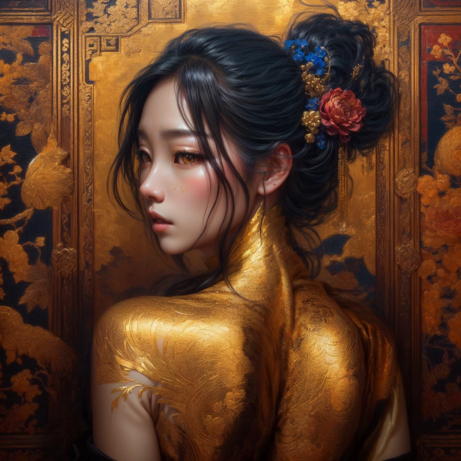 a close up of a japanese woman with gold paint on her body, by Yang J, detailed painting 4 k, yanjun chengt, intricate oil painting artwork, golden skin, draped in shiny golden oil, by Oliver Sin, inspired by Chen Rong, detailed 4 k oil painting, beautiful character painting, jingna zhang, by Chen Lin, by Li Song