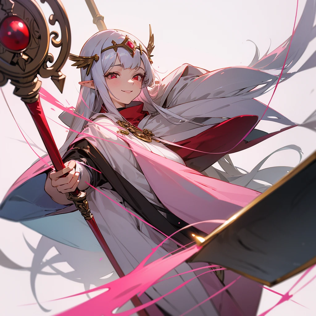 Draw me an mature girl anime,she had a straight bangs and long hair with silver colour,she had a elf ear,and red colour eye. Wearing a priestess pink colour outfit with head cap,and holding a holy stick,she smiling to camera,white background, beautiful art,holy string behind her